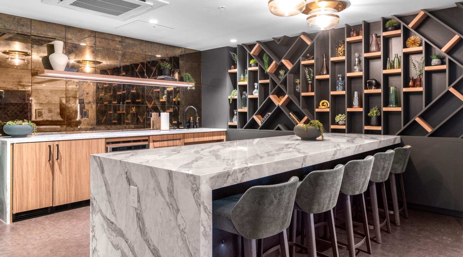 State-of-the-art-Amenities kitchen with art wall