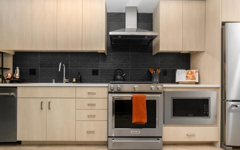 a kitchen with stainless steel appliances